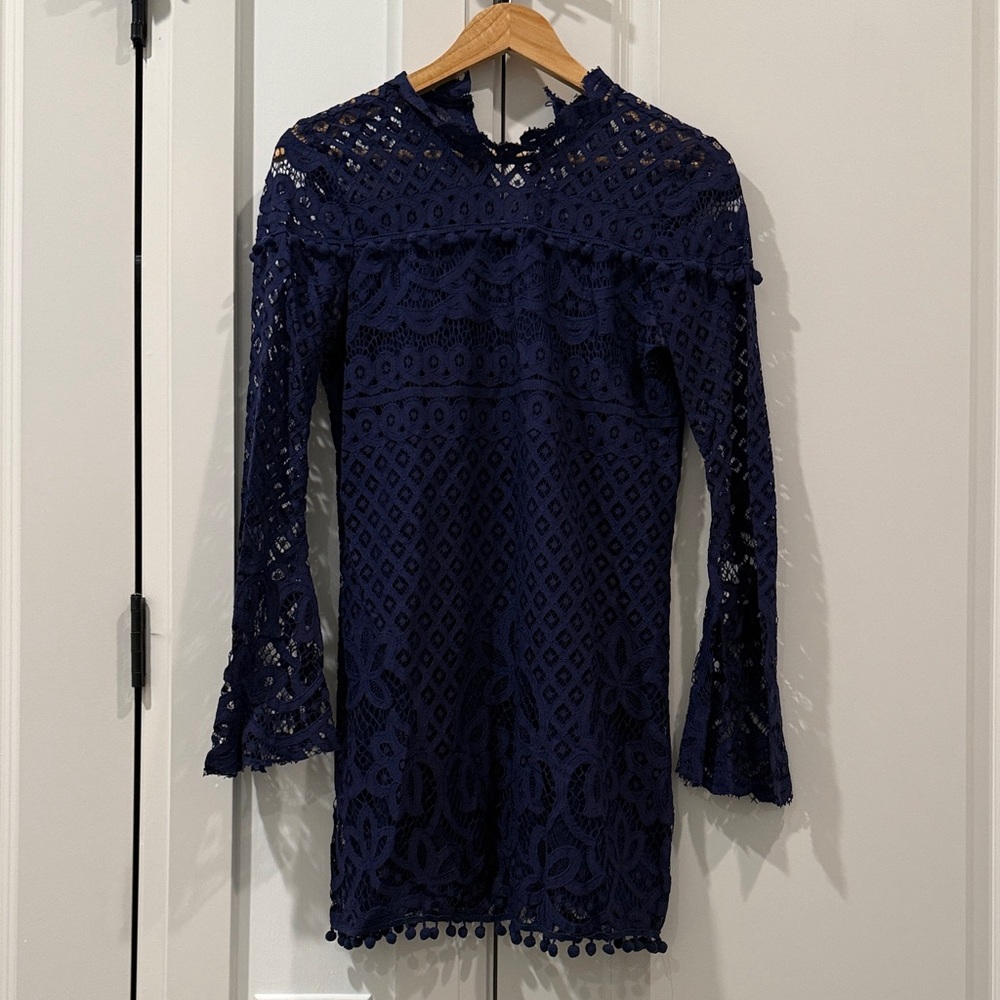 Tularosa Matilda Dress Lace Bell Sleeve Pom Pom Trim Navy Blue Dress Size XS
